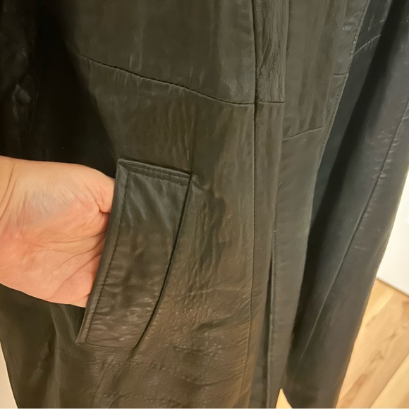 Vintage oversized buttery leather long black coat jacket puffed shoulder size M - Picture 3 of 15